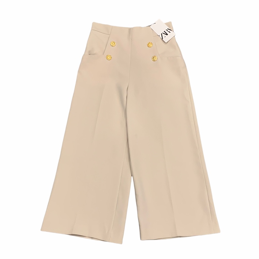 Zara Cream & Gold Button Casual Wide Leg Pants (NWT)